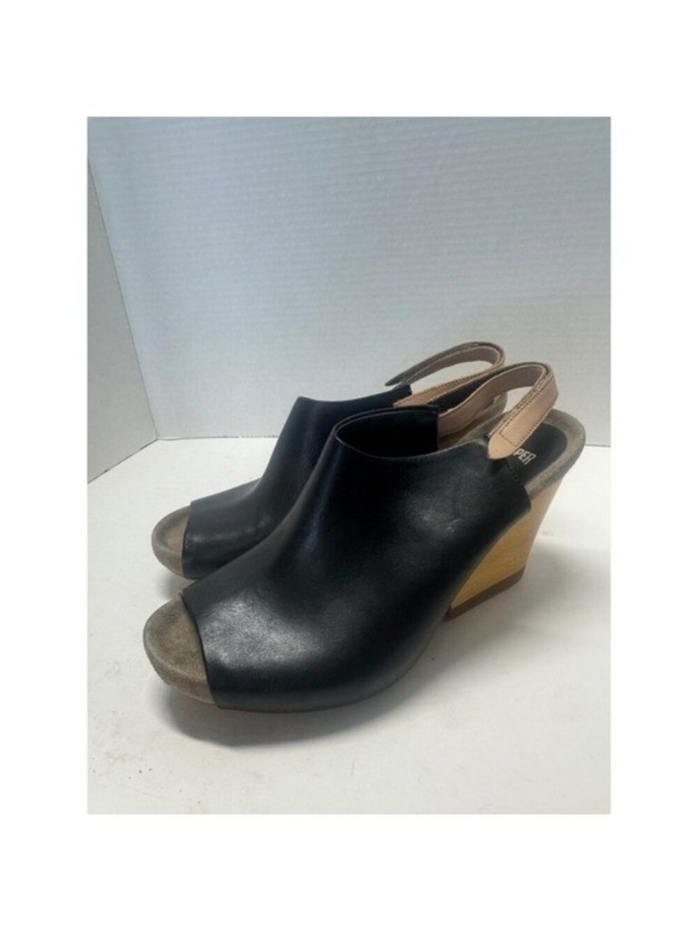 Camper Allegra Black Leather Peep Toe Slingback Wedge Sandals Size 39 8.5